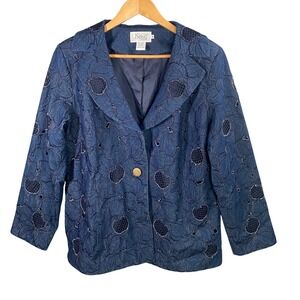 JSong Collection Denim Lace Overlay Blazer Jacket Blue Embroidered Size 14 Boho